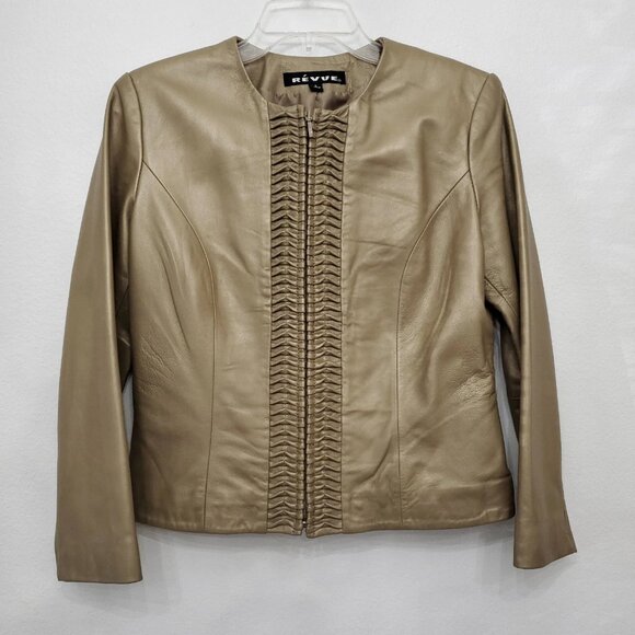 Revue Metallic Gold Lamb Skin Lined Full Zip Leather Jacket 90's Y2K Small - Picture 3 of 16